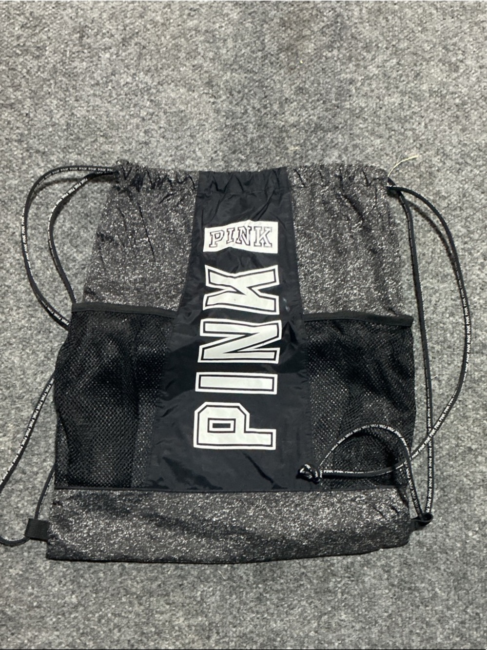 PINK Victoria's Secrt Black & Silver Sparkle Drawstring Backpack